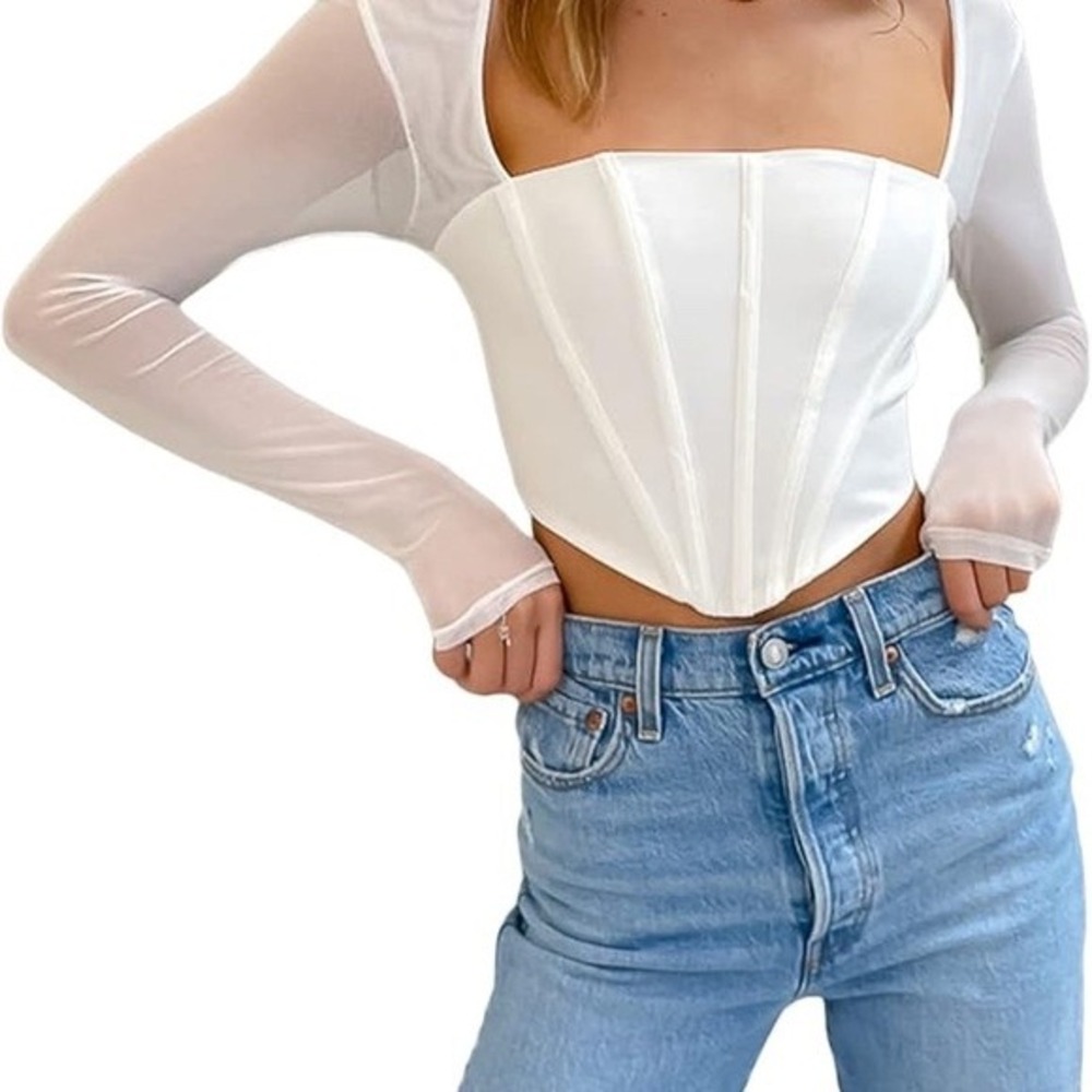 Princess Polly White Long Sleeve Mesh Corset Top Square Neck Boned Bodice US 6